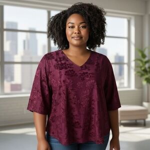 Catherines 3XWP V-Neck Blouse Velvet Flocked Floral Burgundy‎ Softcore Romantic